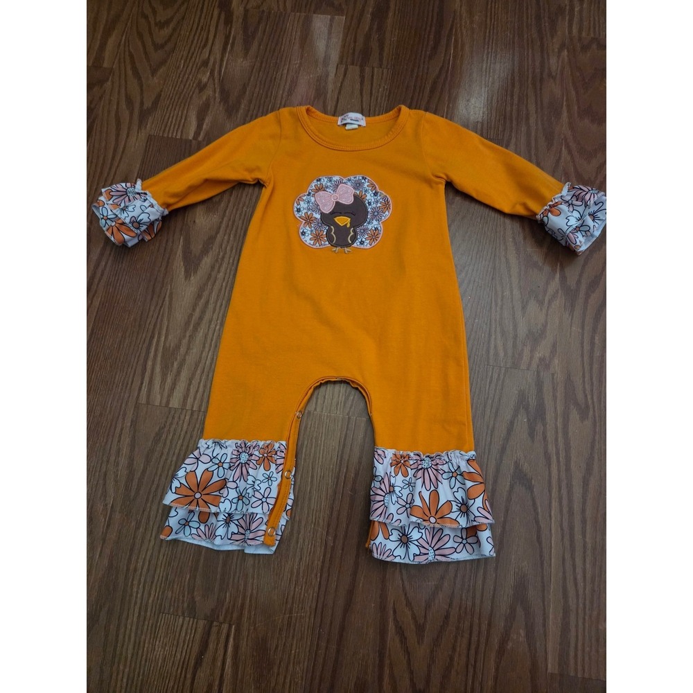 Clover Cottage Apparel Girls Orange Turkey Floral Ruffle Romper 12-24M Fall